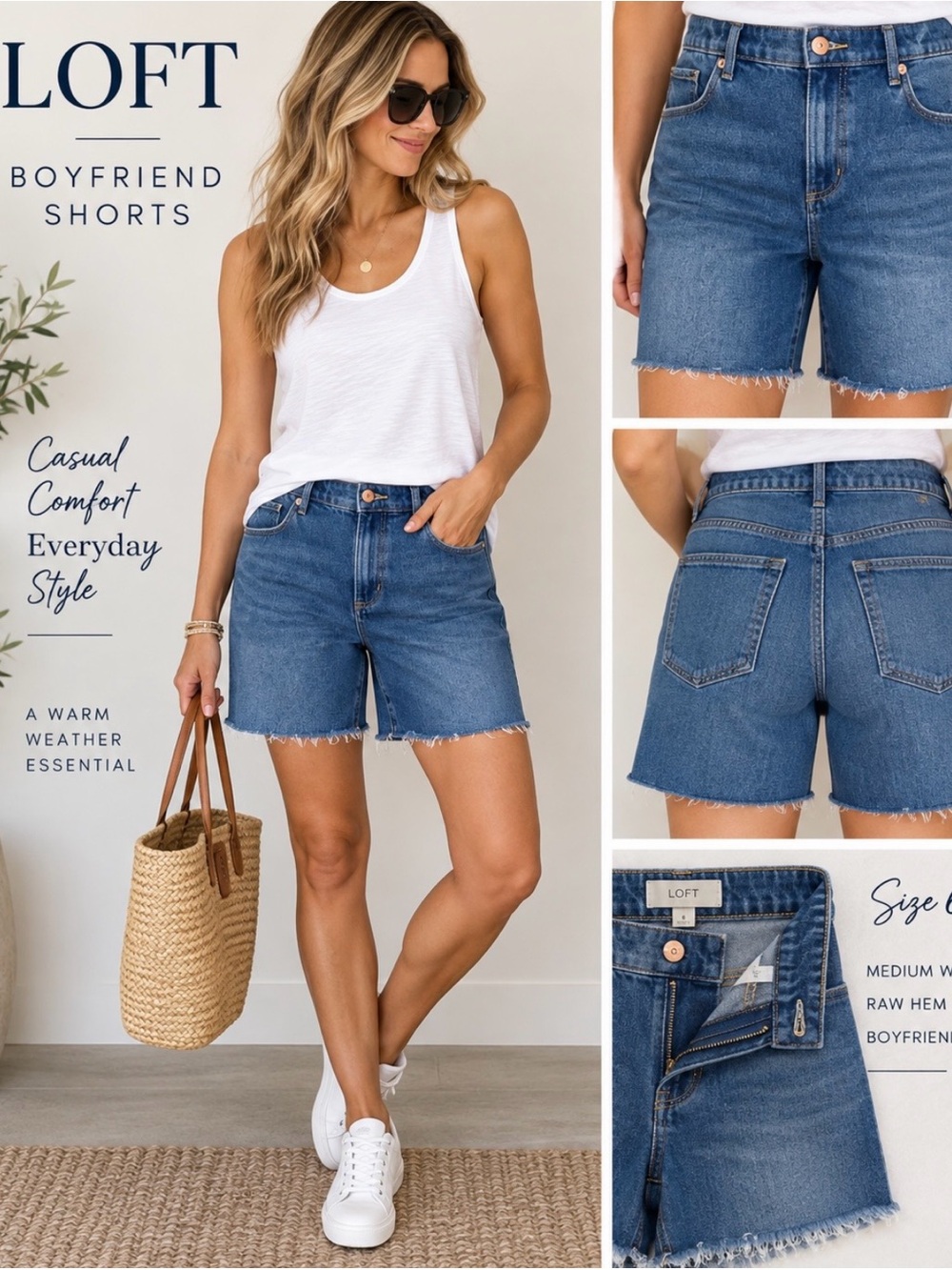 LOFT Boyfriend Denim Shorts Size 6 Raw Hem Medium Wash